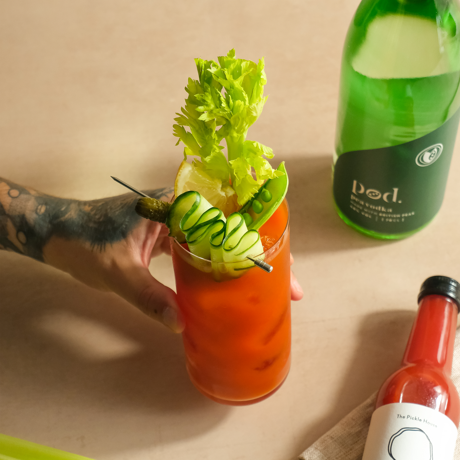 Pod Pea Vodka Bloody Mary with cucumber, pea, celery and lemon